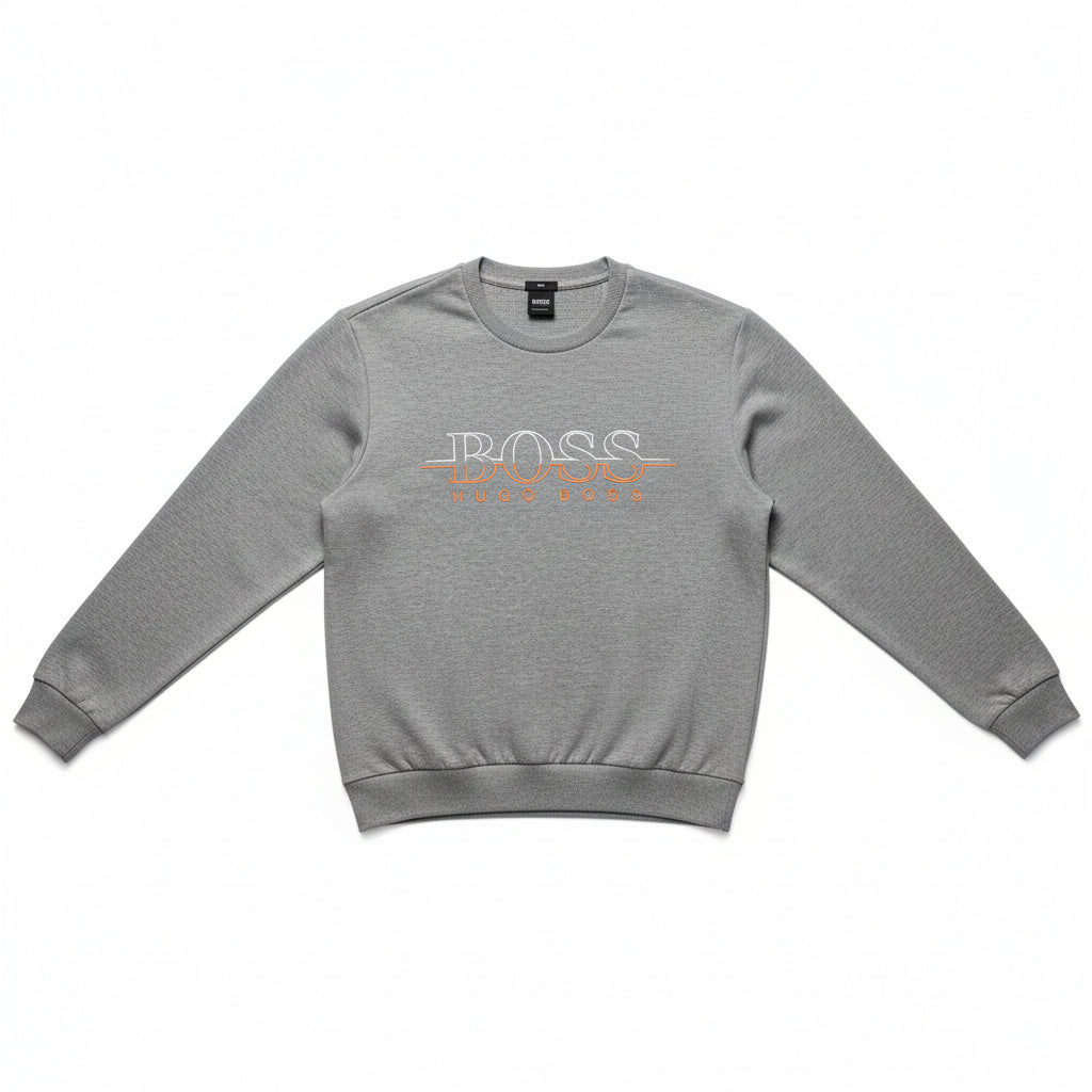 Gray sweatshirt with 'BOSS' logo on a hanger against a gray background