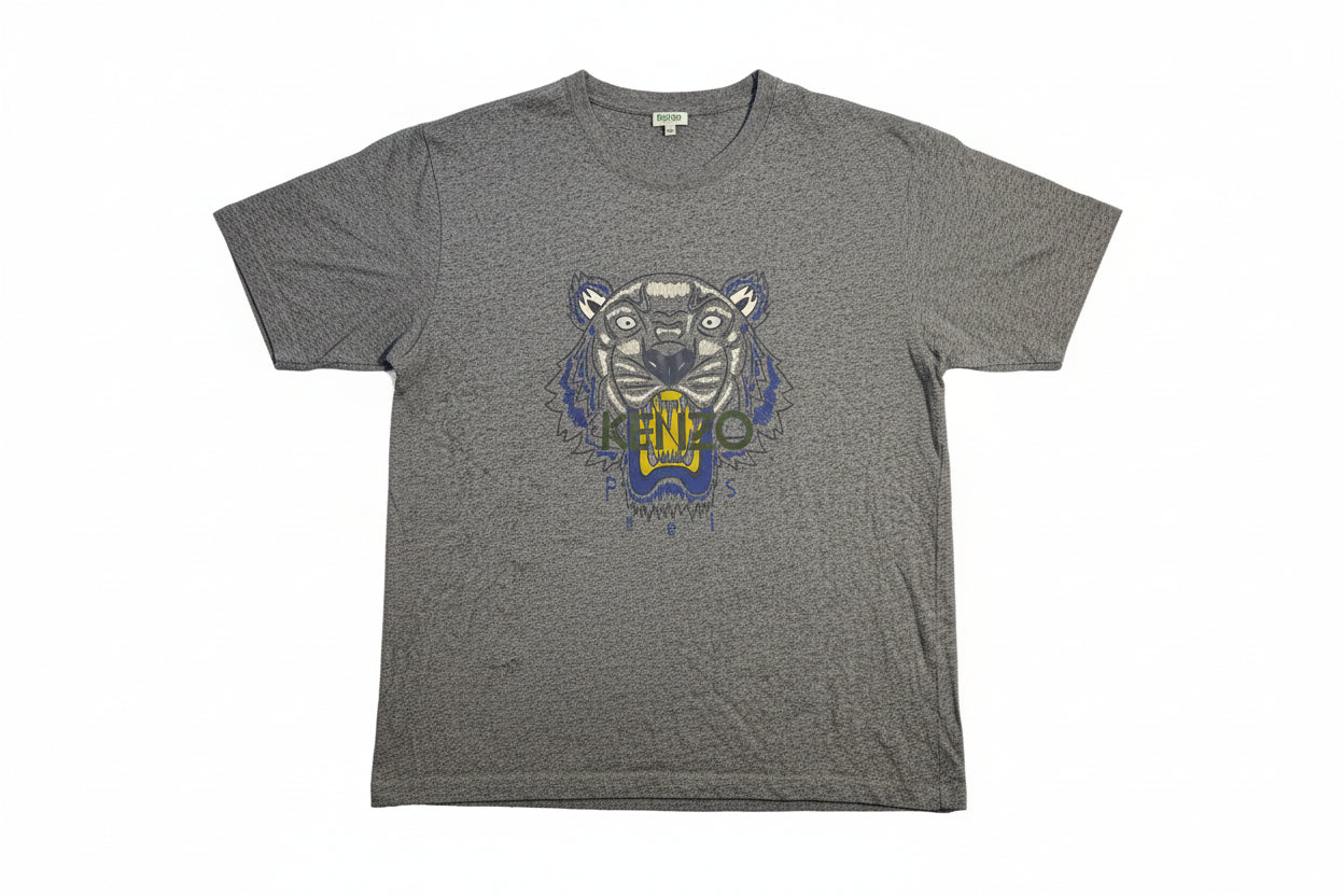 Folded gray t-shirt with a graphic design on a hanger against a neutral background