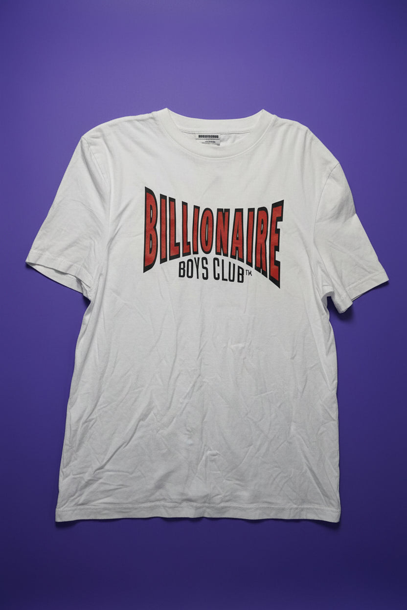 White t-shirt with 'Billionaire Boys Club' logo on a purple background