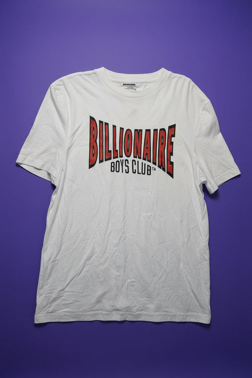 White t-shirt with 'Billionaire Boys Club' logo on a purple background