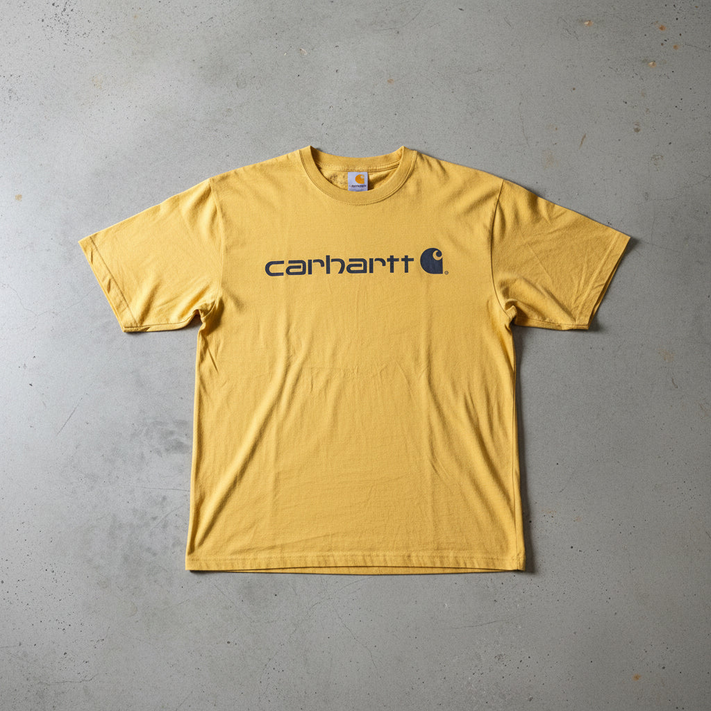 Yellow t-shirt with Carhartt logo on a hanger