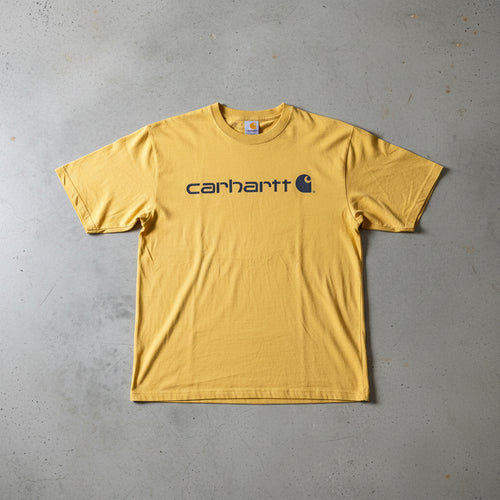 Yellow t-shirt with Carhartt logo on a hanger