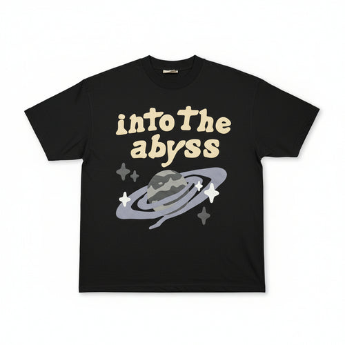 Black t-shirt with 'Into the Abyss' text and graphic on a hanger.