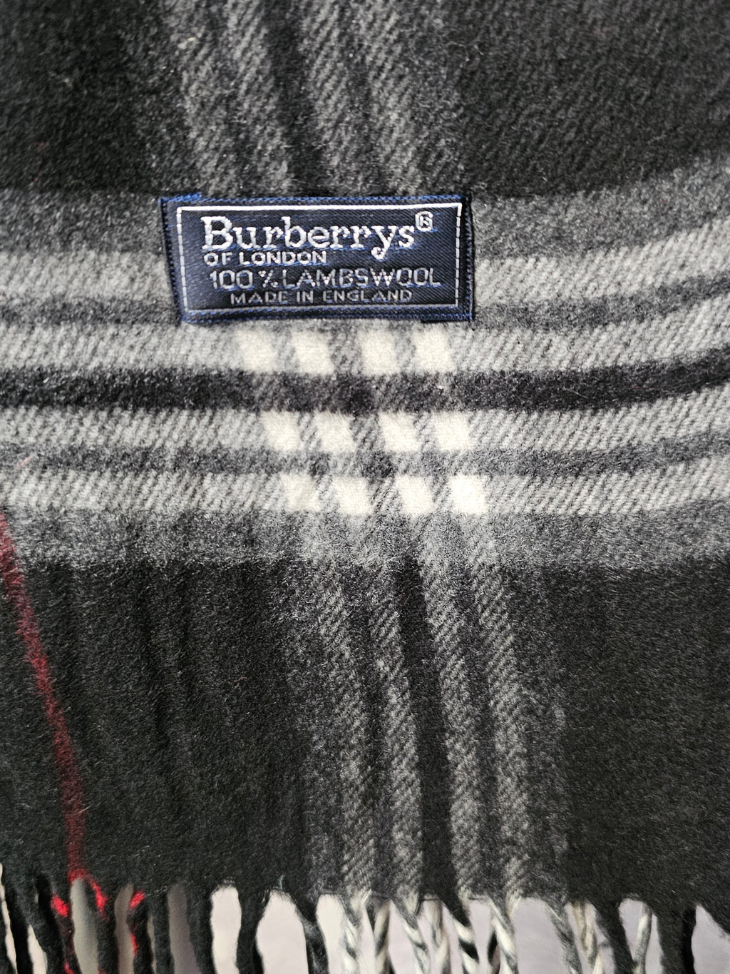 Vintage Burberry 100% Lambswool Scarf Classic Check Pattern  black, red, and white pattern   (Pre Loved)