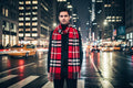 Red plaid scarf with black and white stripes on a patterned surface