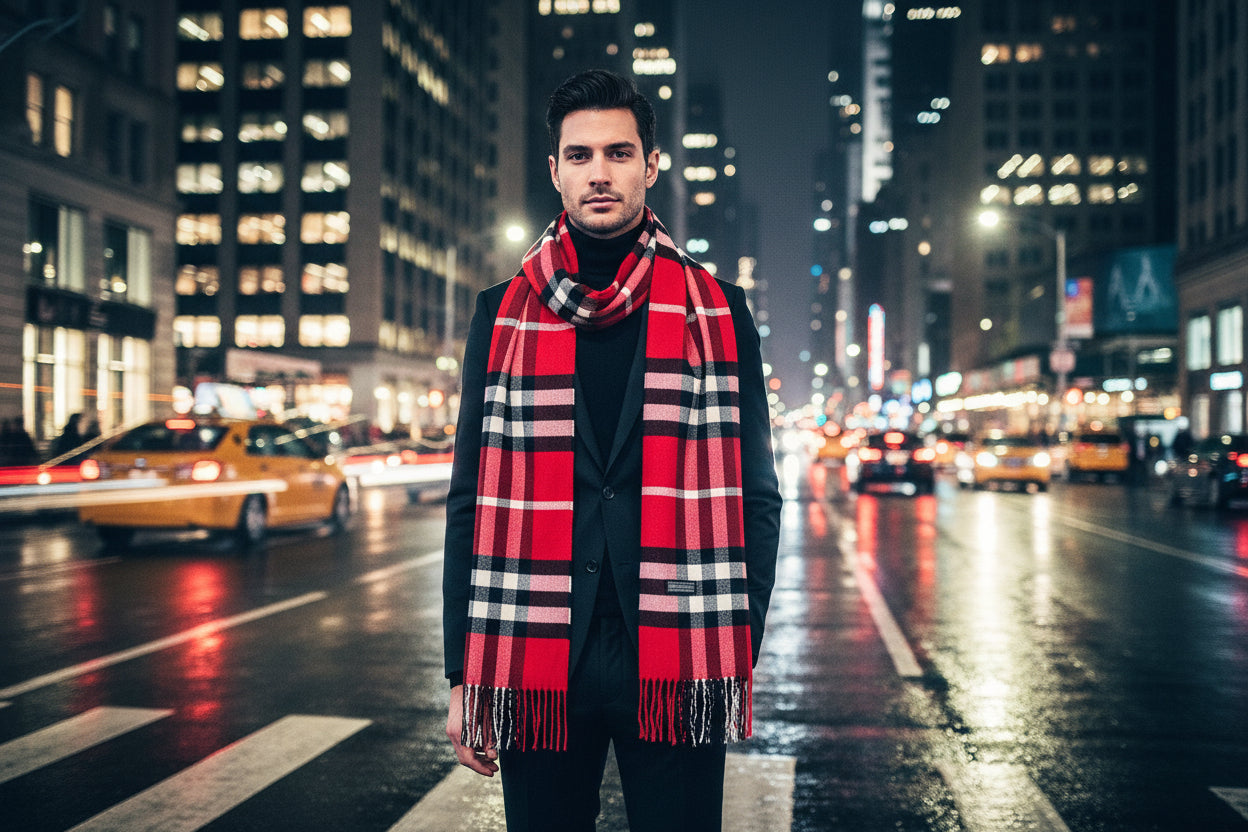 Red plaid scarf with black and white stripes on a patterned surface