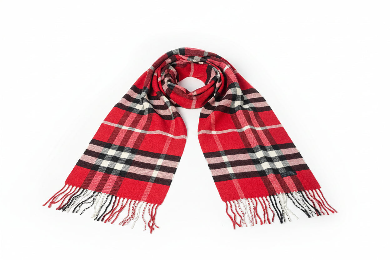 Red plaid scarf with black and white stripes on a patterned surface