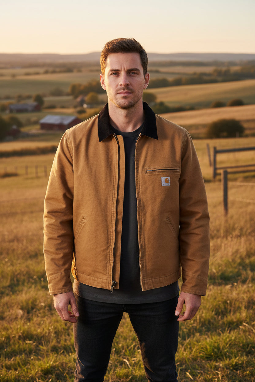 Brown jacket on a stand with a patterned floor background