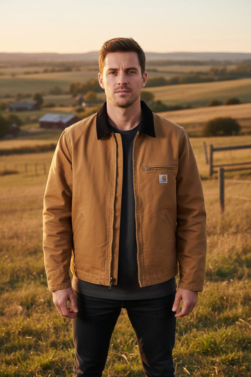 Brown jacket on a stand with a patterned floor background
