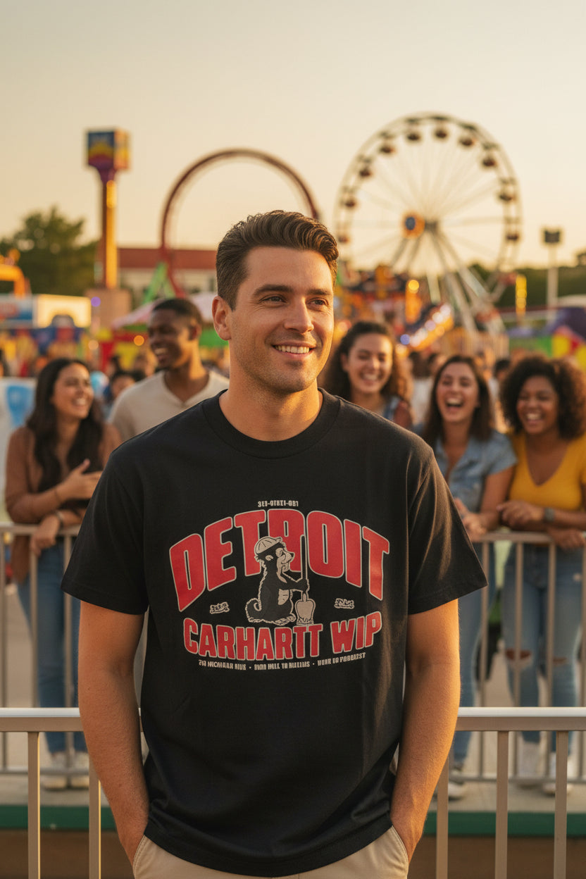 Black t-shirt with red and white graphics on a rack