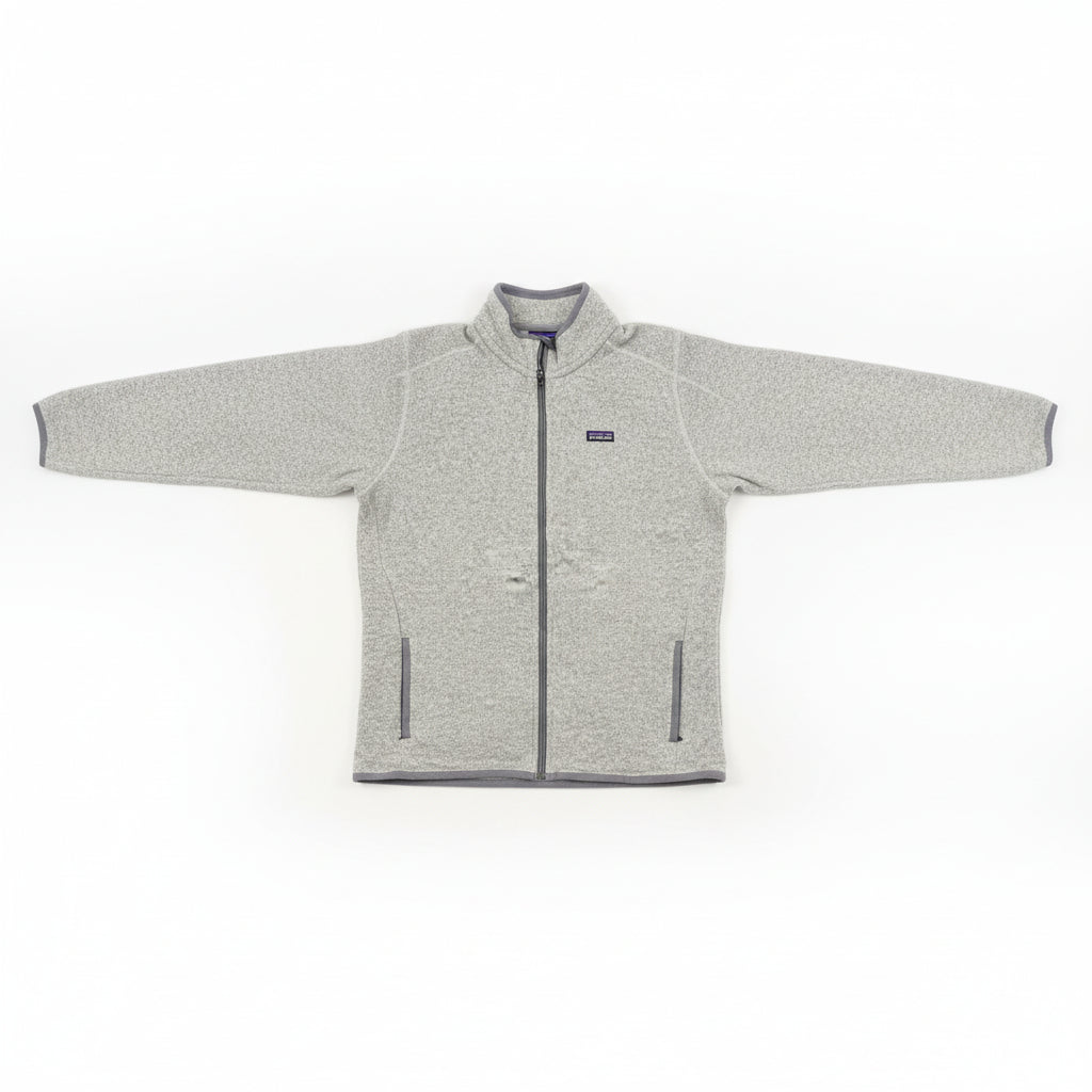 Gray fleece jacket on a rack with visible brand logo