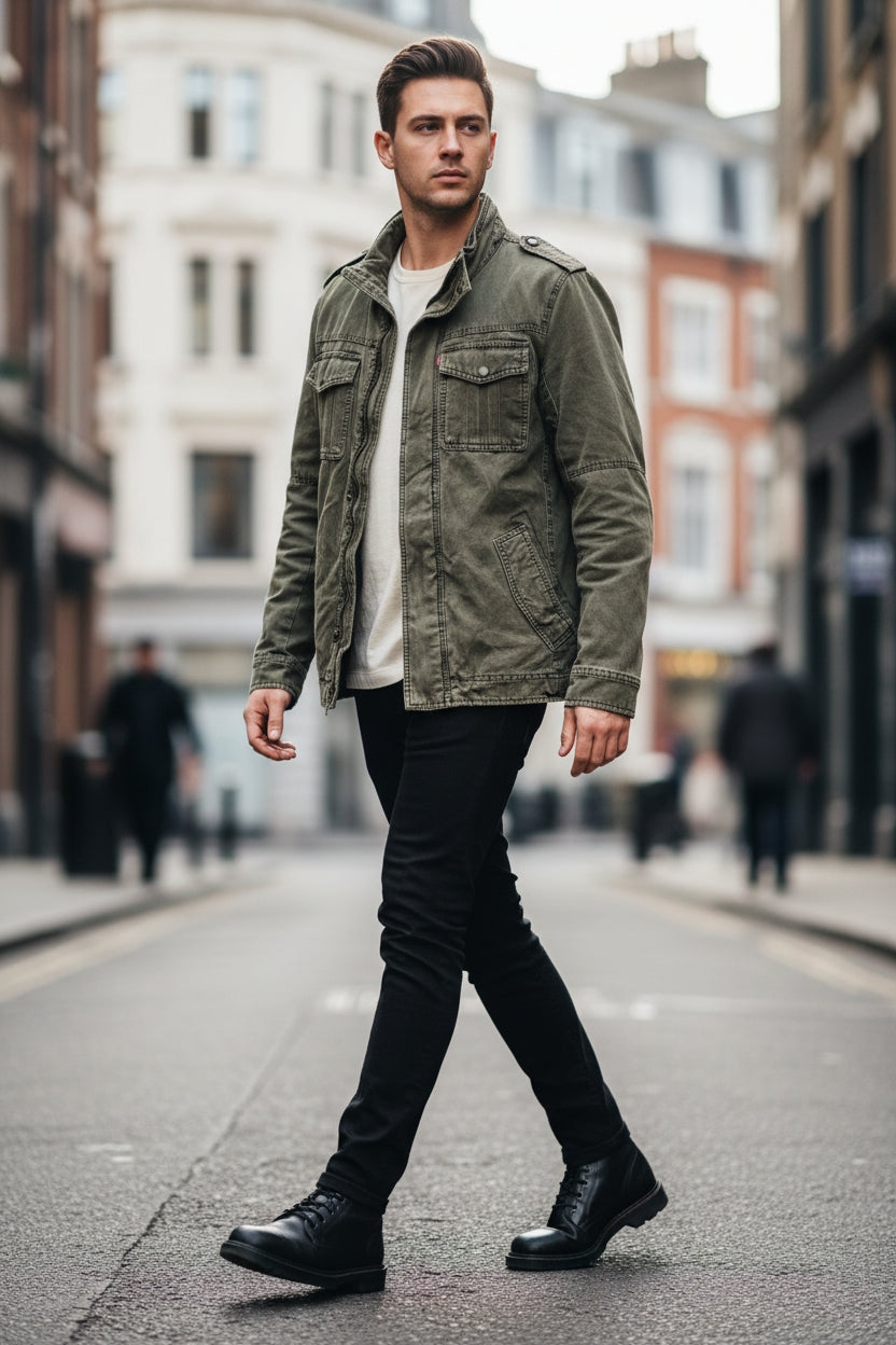 Levis Jacket Mens Medium Khaki Green Trucker Canvas Type 3 Chore Utility Casual (PreLoved)