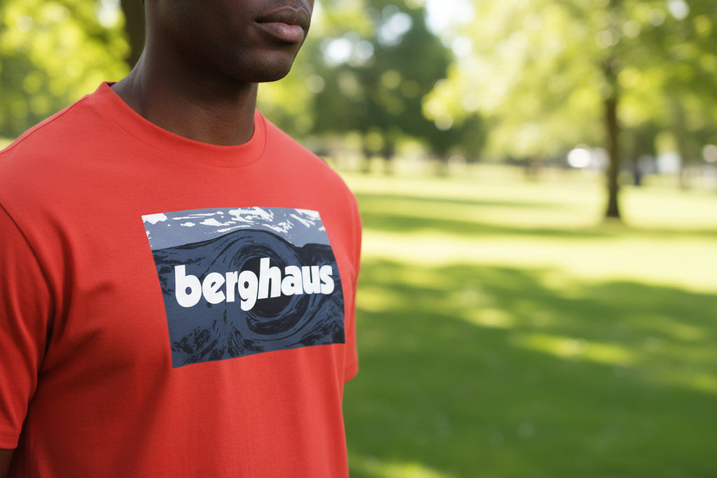 Red t-shirt with Berghaus logo on a gray background